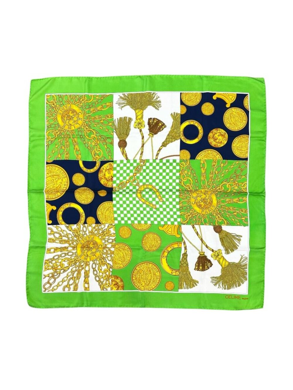 Celine Chain Coin All Over Print Silk Green Gold Scarf